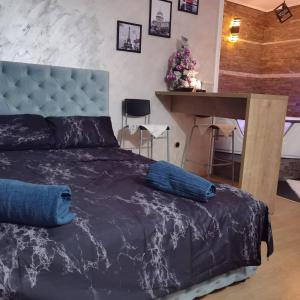 阿然德洛维克President spa apartman Arandjelovac的一间卧室配有一张蓝色的床和一张桌子