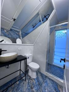 博尔沙Doinita House的一间带卫生间、水槽和窗户的浴室