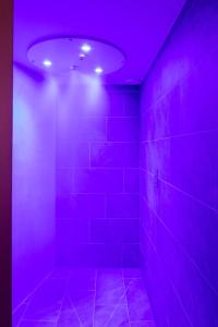 圣布里厄Edgar Hôtel & Spa - Table Gastronomique的浴室拥有紫色照明和瓷砖墙