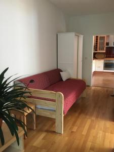 ZiethenFerienwohnung Kastanienblick oder Parkblick的带厨房的客房内的红色沙发