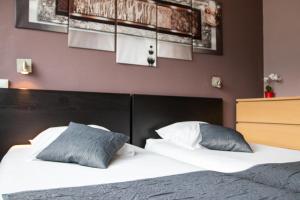 塞威恩乐思芙洛布鲁埃斯酒店的一间卧室配有带白色床单和蓝色枕头的床。