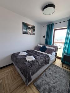 克鲁斯兹考采Apartament Lake View z sauną i widokiem na jezioro的一间卧室设有一张大床和一个窗户。