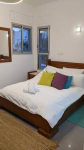 Maẕẕuvaסוויטה הילה במצובה的一间卧室配有一张带色彩缤纷枕头的大床