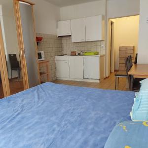 洛桑Gare-20-1的一间带蓝色床的卧室和一间厨房