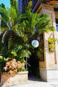 台中市Central Land Hotel的棕榈树和鲜花的建筑入口