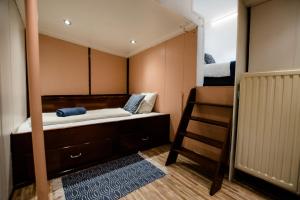 布鲁日Houseboat Jana - with sauna and terrace的小房间设有双层床和梯子