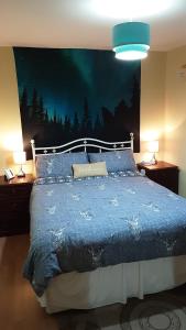 约翰奥格罗茨Hamnavoe John o Groats Hostel的一间卧室配有一张带蓝色被子的床和两盏灯。