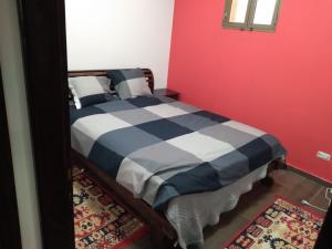 海法BenGurion 25 Apartment的一间卧室设有一张床和红色的墙壁
