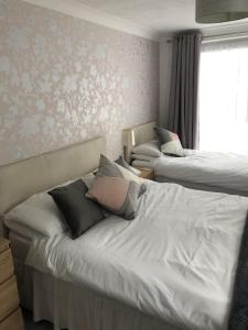 贝辛斯托克Basingstoke En Suite Room in Garden Annex的一间卧室设有两张床和窗户。