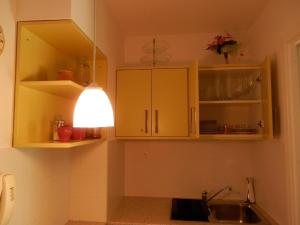 布达厄尔什斯奇公寓的厨房配有黄色橱柜和水槽上方的灯