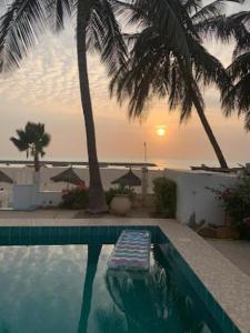 萨利尼亚拉尔West AFRICAN BEACH的棕榈树和日落的游泳池