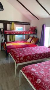 GarnwerdThe Horse Farm的一间卧室配有两张双层床,铺有红色床单