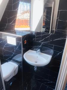 华法林Pic Pension的黑色瓷砖浴室设有水槽和卫生间