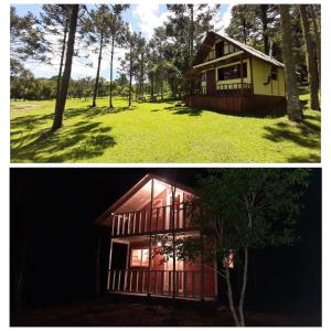 邦雅尔丁-达塞拉Ranchinho da Serra chalé的两幅房子和森林的照片