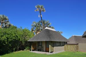 PalmPalmwag Lodge的茅草屋顶的小屋,后面有棕榈树