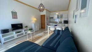 珀彻斯Gouveia´s House的一间带蓝色沙发的客厅和一间厨房