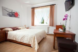 特兹萨茨Pensjonat Bogdanka的一间卧室配有一张床、一张书桌和一个窗户。
