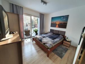 别尔斯克-比亚拉Nowy Dom Apartament z Widokiem na Góry 8 osób的一间卧室设有一张床和一个大窗户