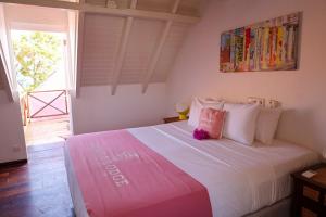 威廉斯塔德潜水旅馆和套房的窗户客房内的粉红色和白色的床