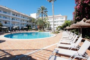 穆罗海滩阿尔库迪亚套房集团酒店的酒店内一排躺椅和一个游泳池