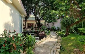 顺安Vạn Huệ Homestay Bình Dương的花园内种有植物,旁边设有人行道