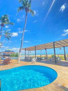 特赖里Pousada e Restaurante Sombra dos Coqueiros的享有大海和棕榈树景致的游泳池