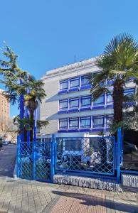 马德里波萨达德艾尔夏弗兰旅馆的棕榈树建筑前的蓝色门