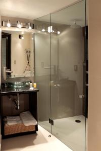 墨西哥城阿兹蒂行政套房酒店的一间带玻璃淋浴间和水槽的浴室
