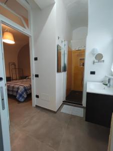 萨莱诺CASA VACANZE - ANTICO CONVENTO的带淋浴、盥洗盆和镜子的浴室