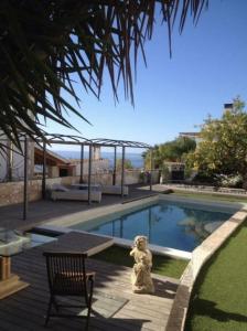 马略卡岛帕尔马Pool House的一个带雕像的小游泳池,旁边是长凳