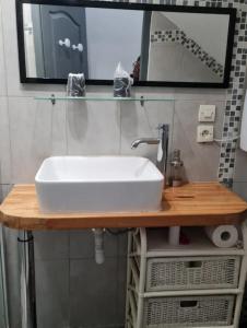 CoarazeChambres d'hôtes des Oliviers的浴室内木制柜台上的白色水槽