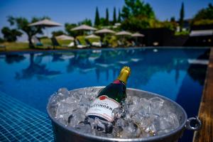 阿维斯Herdade da Cortesia Hotel的游泳池旁一桶冰装的一瓶香槟