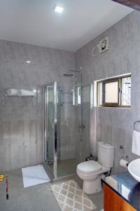马埃岛Riverside Mount Simpson - Seychelles Island的带淋浴、卫生间和盥洗盆的浴室