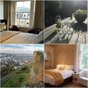 爱丁堡多尼亚同乐会酒店的一张床铺和一扇窗户的酒店客房的照片拼在一起