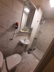 比于卡达玛萨旅馆的浴室配有卫生间、盥洗盆和淋浴。