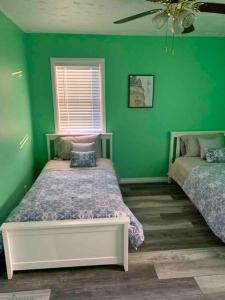 尼亚加拉瀑布Remodeled House Minutes to Falls Attractions的绿色卧室设有两张床和窗户