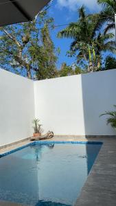 坎昆Closetoairport的白色墙壁旁边的游泳池