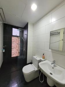 史里肯邦安HOMESTAY D'Univ 360 PLACE的一间带水槽、卫生间和镜子的浴室
