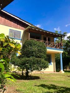 BonaoAcogedora Casa Rural en plena naturaleza frente al Río con piscina Bonao的前面有一棵树的房子