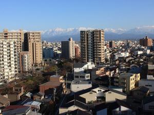 富山富山曼藤酒店的一座有建筑和山脉背景的城市