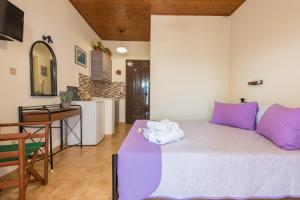 拉加纳斯Notos Studios的一间卧室配有一张带紫色枕头的床和一间厨房