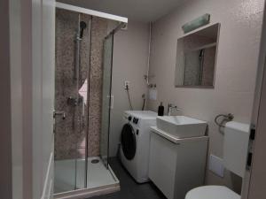 萨格勒布Apartment Roki的带淋浴、卫生间和盥洗盆的浴室