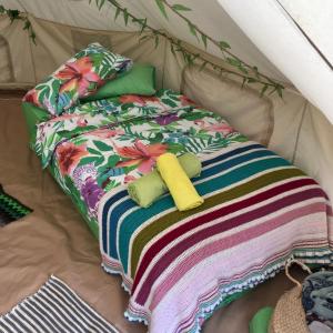 卡尔塔马法哈拉庄园露营地的帐篷内的一张床位,配有两个枕头和毯子