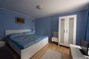 巴拉顿博格拉尔Árnyas vendégház, Füge apartman的一间卧室设有蓝色的墙壁、一张床和一张书桌