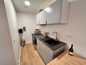 蒙彼利埃Appartements calmes - Standing - Hypercentre - CLIM - WIFI - Netflix的小厨房配有白色橱柜和水槽