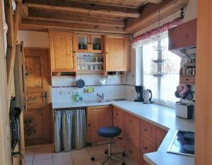 雄高Ferienwohnung Ott Schongau的一个带木制橱柜和水槽的厨房