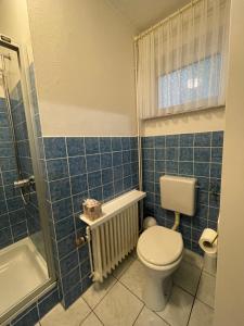 弗里索伊特Ferien- & Monteurzimmer Markhausen的蓝色瓷砖浴室设有卫生间和淋浴。