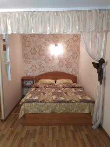 苏梅Cozy apartments in the city center Kharkovskaya street的一间卧室配有一张带窗帘的床和窗户