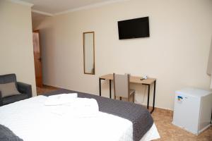 阿瓜斯迪林多亚Pousada Costa Rielli的一间卧室配有一张床、一张书桌和一台电视