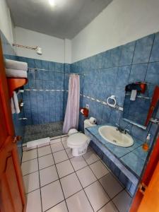 福尔图纳Arenal Xilopalo的蓝色的浴室设有卫生间和水槽